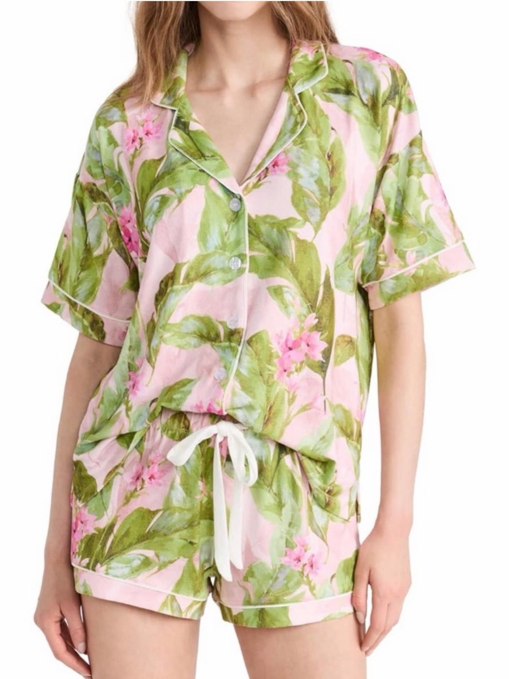 P.J. Salvage Pink Floral Short Pajama Set with Green Leaf Print
